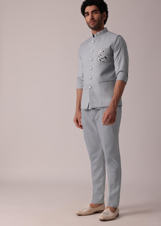 Stylish Grey Short Kurta With Embroidered Matching Bandi