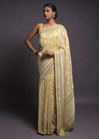 Sugar Cookie Beige Banarasi Saree In Georgette With Weaved Floral Buttis Online - Kalki Fashion