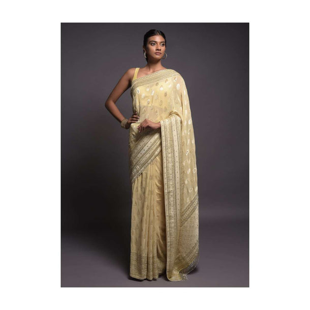 Sugar Cookie Beige Banarasi Saree In Georgette With Weaved Floral Buttis Online - Kalki Fashion