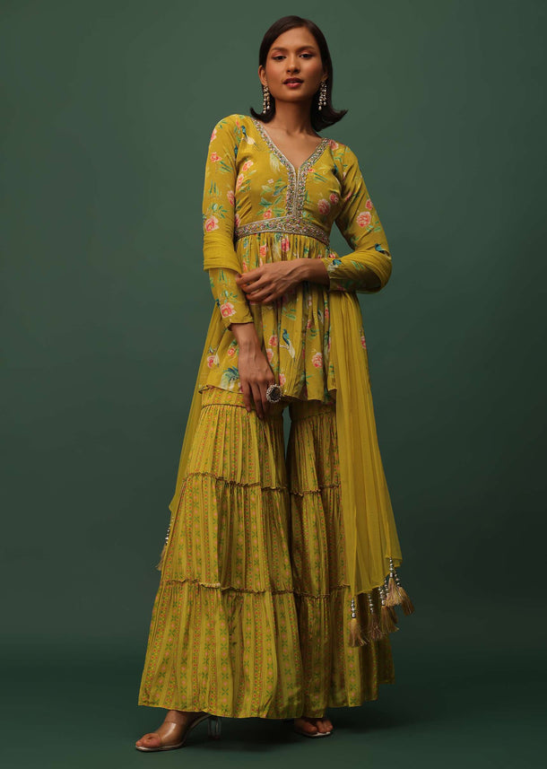 Sulpher Green Peplum Top And Sharara Set In Satin With Floral Print