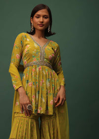 Sulpher Green Peplum Top And Sharara Set In Satin With Floral Print