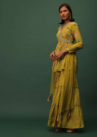 Sulpher Green Peplum Top And Sharara Set In Satin With Floral Print