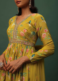 Sulpher Green Peplum Top And Sharara Set In Satin With Floral Print