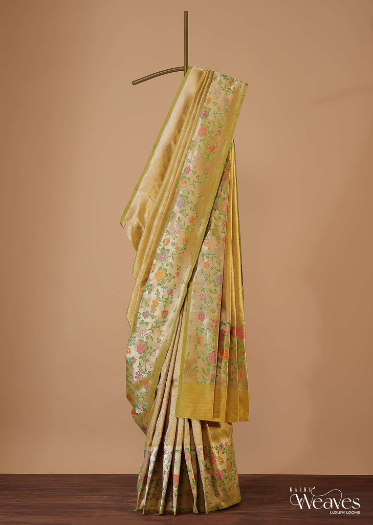 Golden Yellow Banarasi Handloom Saree In Katan Silk With Unstitched Blouse