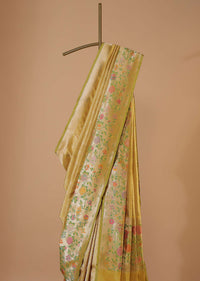 Golden Yellow Banarasi Handloom Saree In Katan Silk With Unstitched Blouse