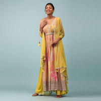 Sulphur Yellow Chinon Printed And Embroidered Palazzo Suit