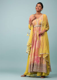 Sulphur Yellow Chinon Printed And Embroidered Palazzo Suit