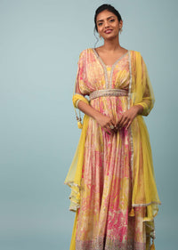 Sulphur Yellow Chinon Printed And Embroidered Palazzo Suit