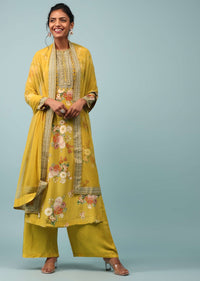 Sulphur Yellow Floral Printed Palazzo Suit Set In Crepe