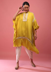 Cyber Yellow Kaftan Suit Embroidered In Satin With Dhoti Pants
