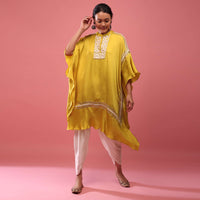 Cyber Yellow Kaftan Suit Embroidered In Satin With Dhoti Pants