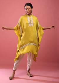 Cyber Yellow Kaftan Suit Embroidered In Satin With Dhoti Pants