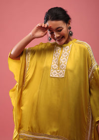 Cyber Yellow Kaftan Suit Embroidered In Satin With Dhoti Pants