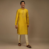 Sulphur Yellow Kurta Set In Silk With Resham And Mirror Abla Embroidered Yoke Design