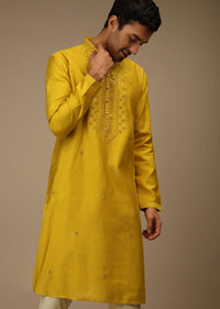 Sulphur Yellow Kurta Set In Silk With Resham And Mirror Abla Embroidered Yoke Design