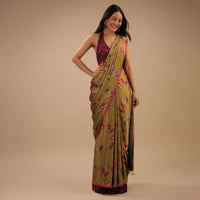 Sulphur Yellow Ready Pleated Saree With Floral Print And Contrast Red Sequins Blouse