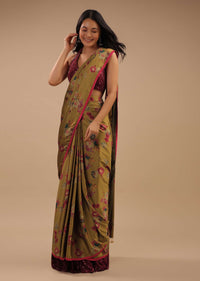 Sulphur Yellow Ready Pleated Saree With Floral Print And Contrast Red Sequins Blouse