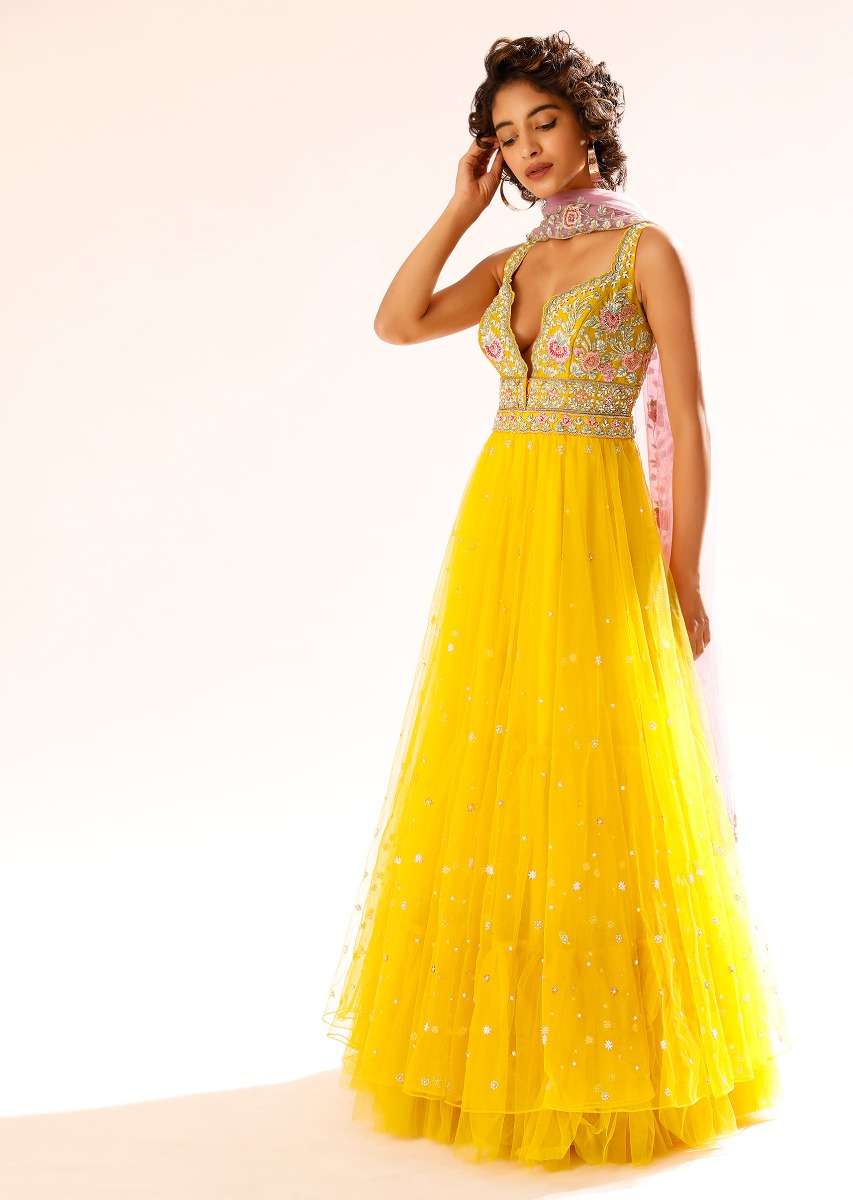 Sun Yellow Anarkali Suit In Net With Colorful Resham Embroidered Bodice And Plunging Neckline