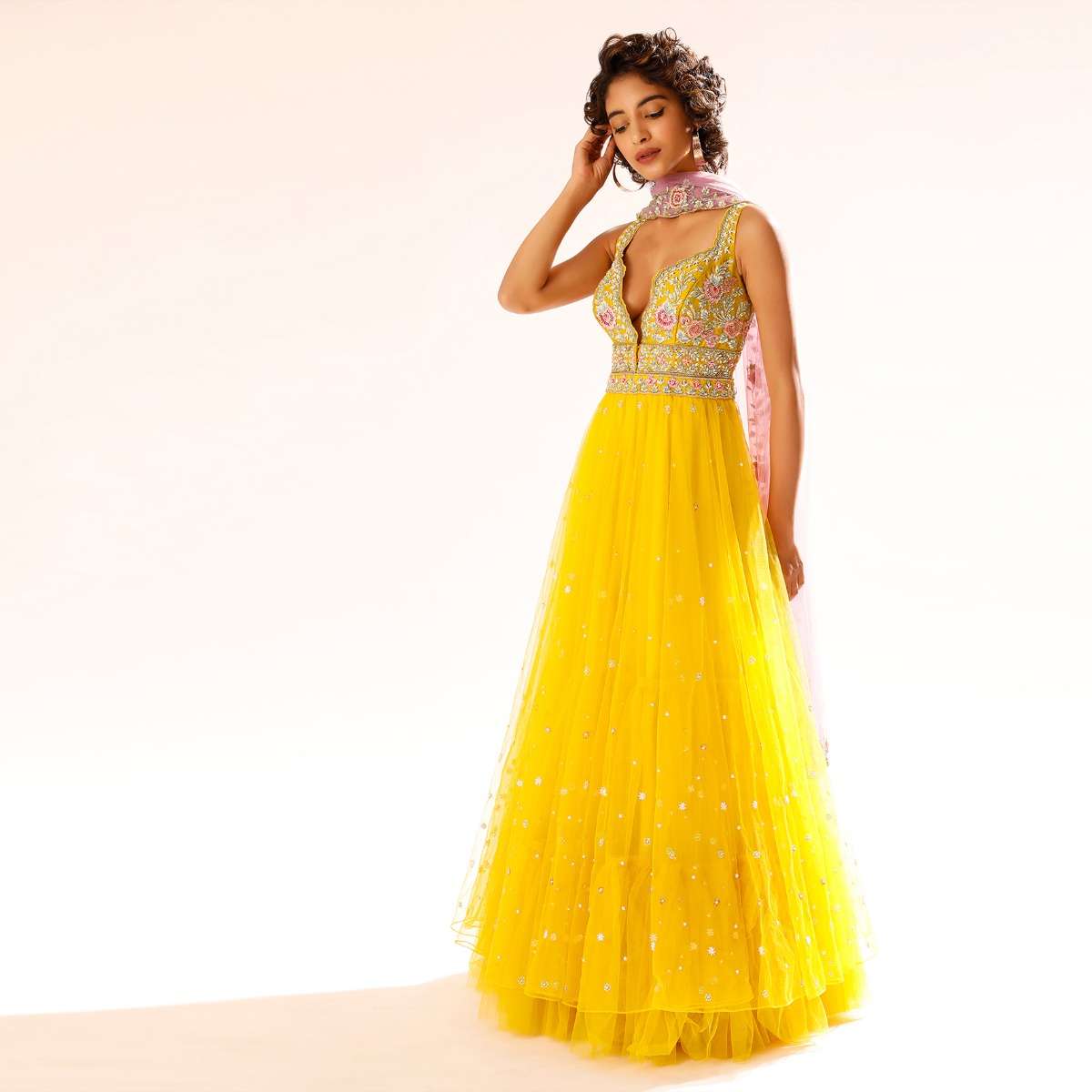 Sun Yellow Anarkali Suit In Net With Colorful Resham Embroidered Bodice And Plunging Neckline