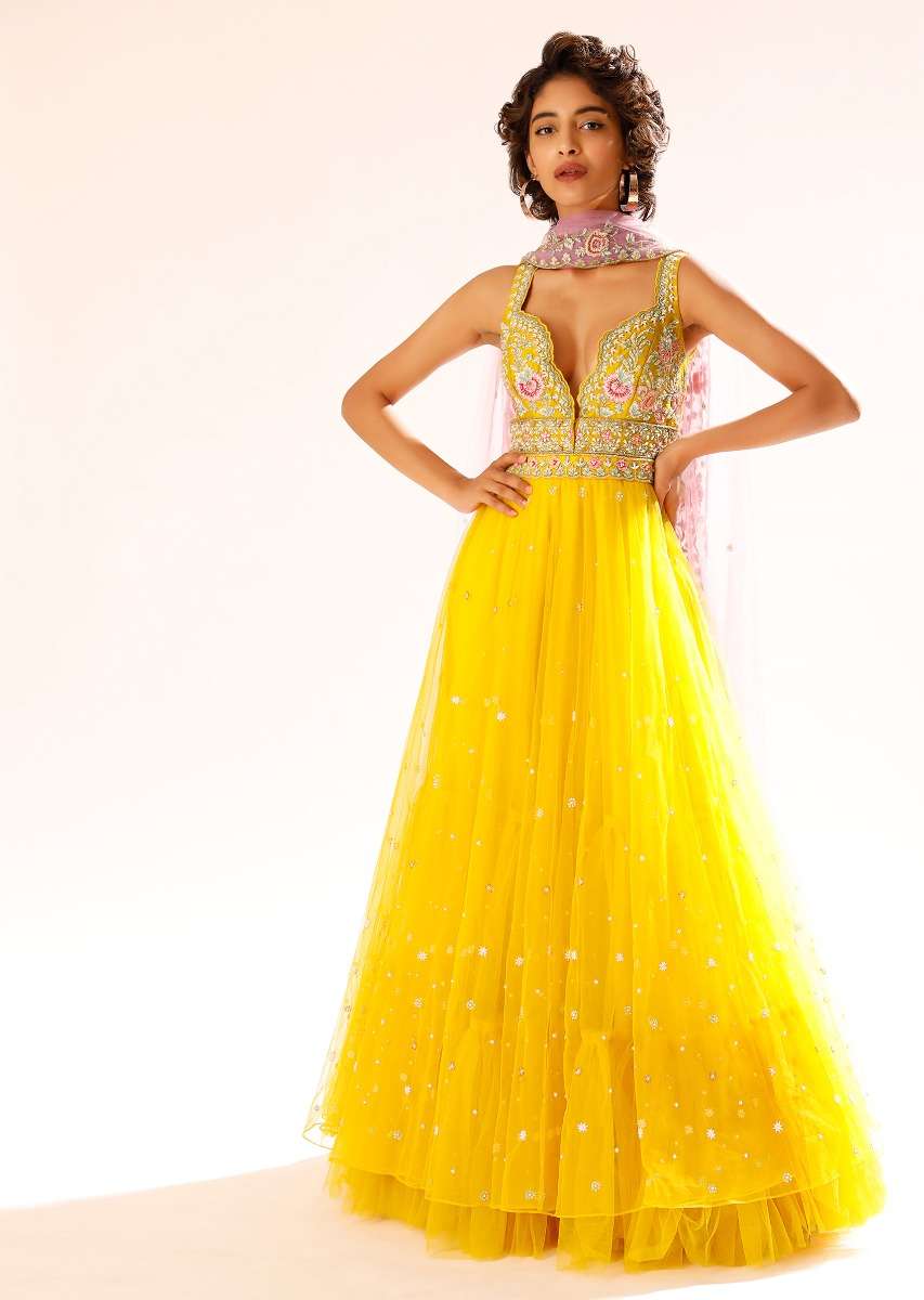 Sun Yellow Anarkali Suit In Net With Colorful Resham Embroidered Bodice And Plunging Neckline