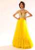 Sun Yellow Anarkali Suit In Net With Colorful Resham Embroidered Bodice And Plunging Neckline