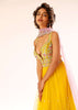 Sun Yellow Anarkali Suit In Net With Colorful Resham Embroidered Bodice And Plunging Neckline