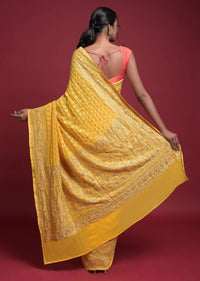 Sun Yellow Banarasi Saree In Georgette With Weaved Buttis Along With Kundan Work Online - Kalki Fashion