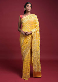 Sun Yellow Banarasi Saree In Georgette With Weaved Buttis Along With Kundan Work Online - Kalki Fashion