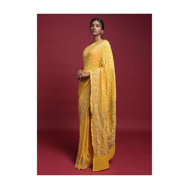 Sun Yellow Banarasi Saree In Georgette With Weaved Buttis Along With Kundan Work Online - Kalki Fashion