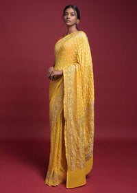 Sun Yellow Banarasi Saree In Georgette With Weaved Buttis Along With Kundan Work Online - Kalki Fashion