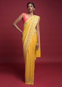 Sun Yellow Banarasi Saree In Georgette With Weaved Buttis Along With Kundan Work Online - Kalki Fashion