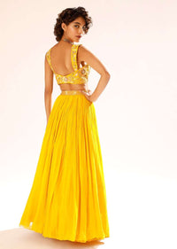 Sun Yellow Gathered Lehenga With Hand Embroidered Blouse Using Sequins And Cut Dana In Floral Motifs