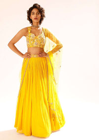 Sun Yellow Gathered Lehenga With Hand Embroidered Blouse Using Sequins And Cut Dana In Floral Motifs