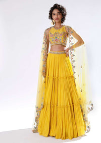 Sun Yellow Lehenga In Crushed Georgette With Halter Neck Crop Top Adorned In Colorful Resham And Cut Dana Work
