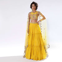 Sun Yellow Lehenga In Crushed Georgette With Halter Neck Crop Top Adorned In Colorful Resham And Cut Dana Work