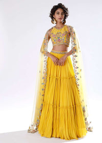Sun Yellow Lehenga In Crushed Georgette With Halter Neck Crop Top Adorned In Colorful Resham And Cut Dana Work