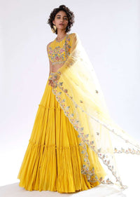 Sun Yellow Lehenga In Crushed Georgette With Halter Neck Crop Top Adorned In Colorful Resham And Cut Dana Work