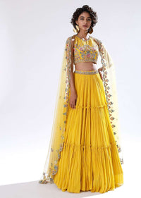 Sun Yellow Lehenga In Crushed Georgette With Halter Neck Crop Top Adorned In Colorful Resham And Cut Dana Work