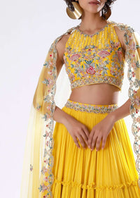 Sun Yellow Lehenga In Crushed Georgette With Halter Neck Crop Top Adorned In Colorful Resham And Cut Dana Work