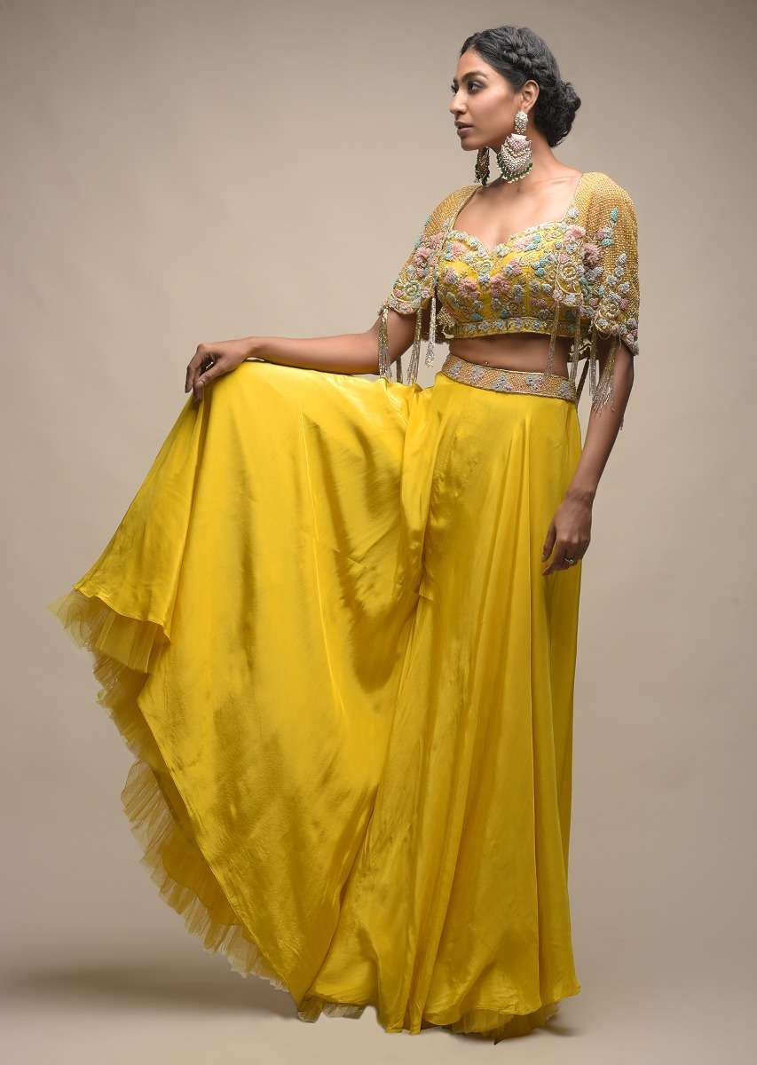 Sun Yellow Palazzo Suit With 3D Organza Flower Embellished Crop Top And Short Cape