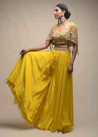 Sun Yellow Palazzo Suit With 3D Organza Flower Embellished Crop Top And Short Cape