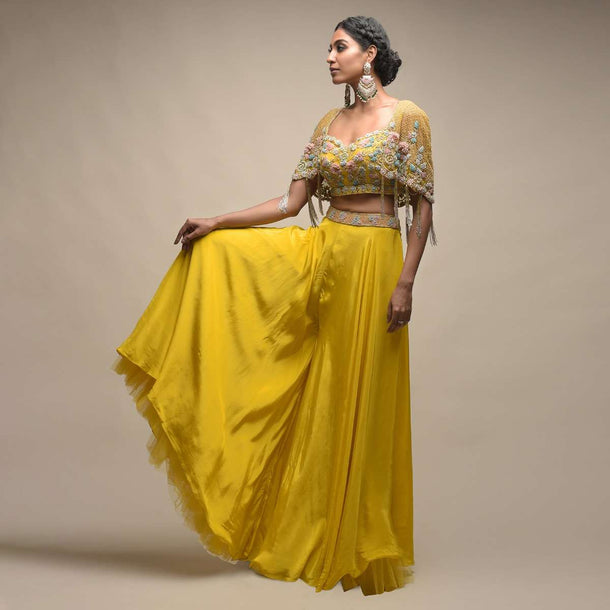 Sun Yellow Palazzo Suit With 3D Organza Flower Embellished Crop Top And Short Cape