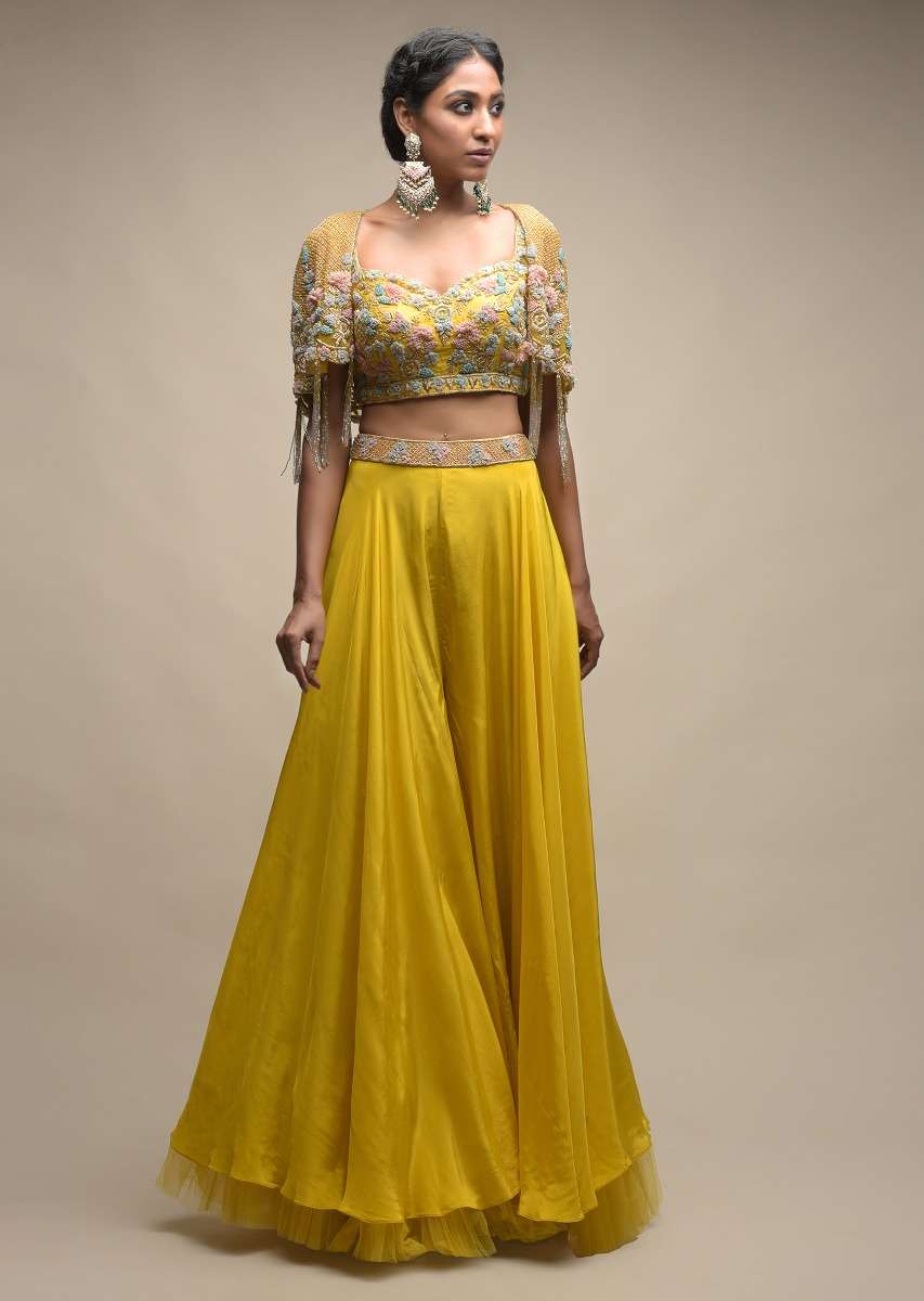 Sun Yellow Palazzo Suit With 3D Organza Flower Embellished Crop Top And Short Cape