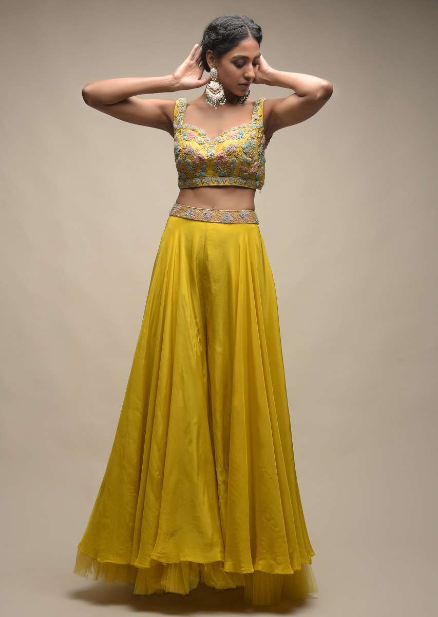 Sun Yellow Palazzo Suit With 3D Organza Flower Embellished Crop Top And Short Cape