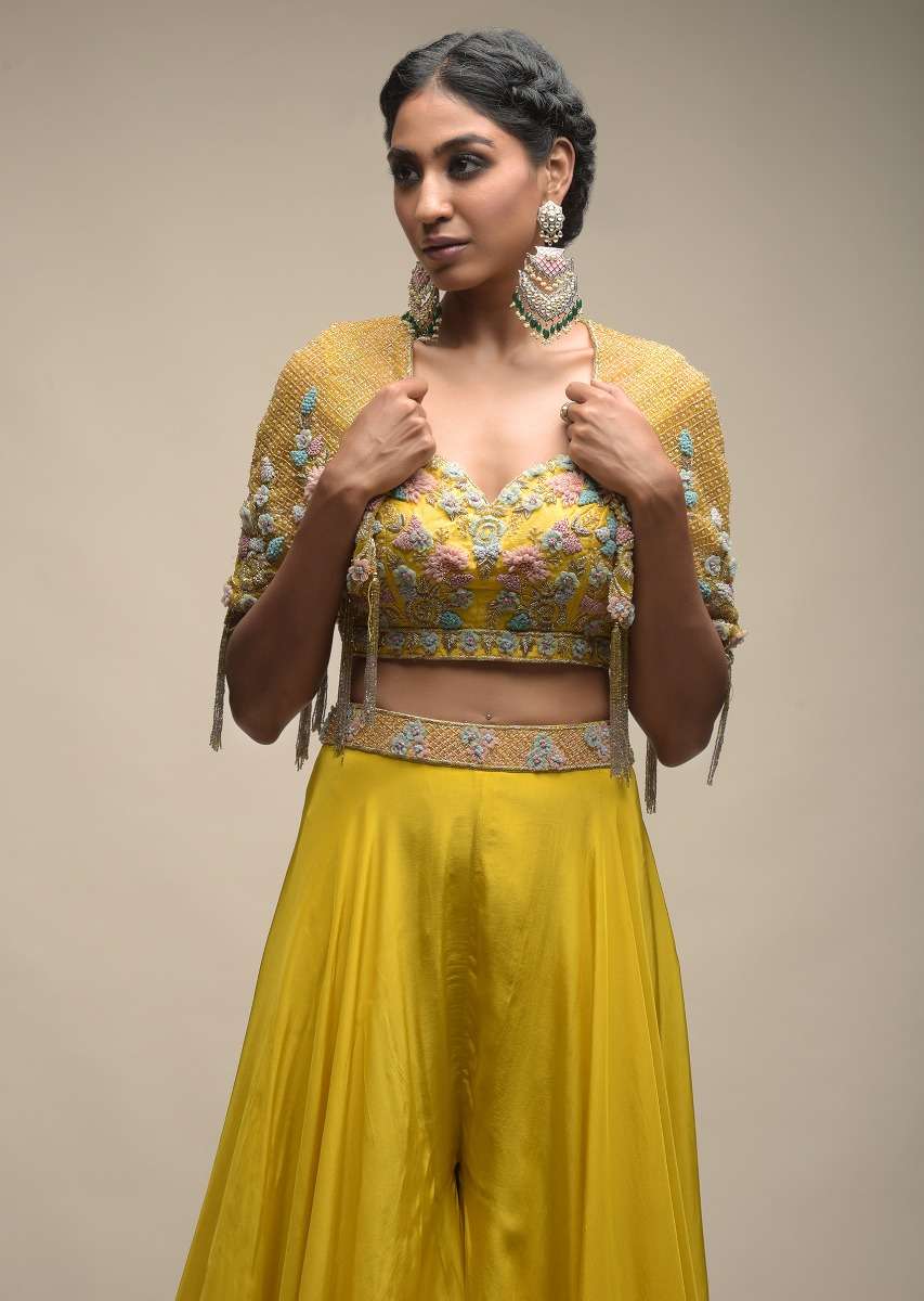 Sun Yellow Palazzo Suit With 3D Organza Flower Embellished Crop Top And Short Cape