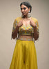 Sun Yellow Palazzo Suit With 3D Organza Flower Embellished Crop Top And Short Cape