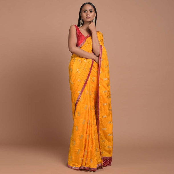 Sun Yellow Saree In Dola Silk With Brocade Floral Buttis And Red Bandhani Design On The Pallu Online - Kalki Fashion