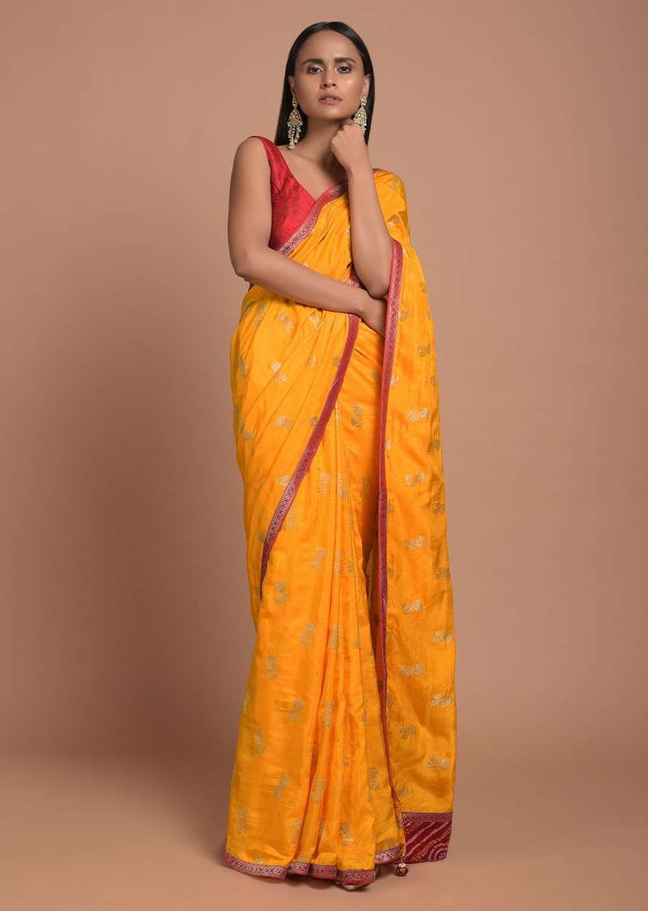 Sun Yellow Saree In Dola Silk With Brocade Floral Buttis And Red Bandhani Design On The Pallu Online - Kalki Fashion