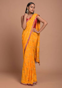 Sun Yellow Saree In Dola Silk With Brocade Floral Buttis And Red Bandhani Design On The Pallu Online - Kalki Fashion