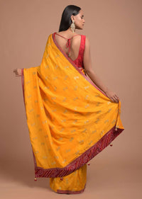 Sun Yellow Saree In Dola Silk With Brocade Floral Buttis And Red Bandhani Design On The Pallu Online - Kalki Fashion